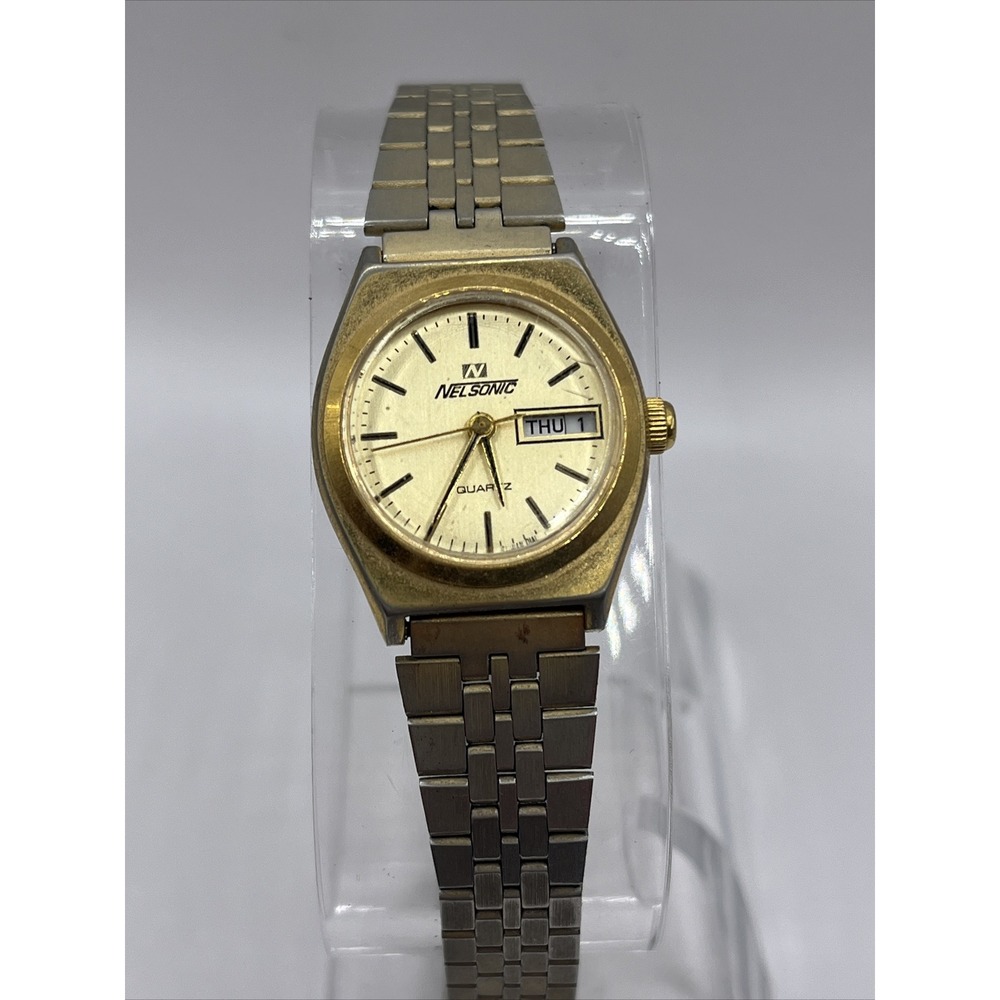 Nelsonic Women's Gold Quartz Watch Day/Date 23mm‎ Case- New Battery